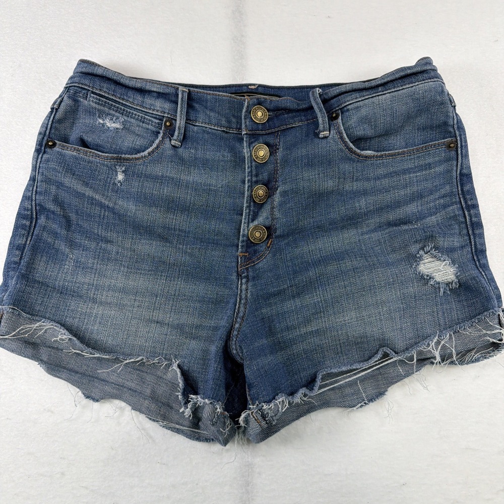 Abercrombie & Fitch Distressed Mid-Blue Denim Button-Front Shorts